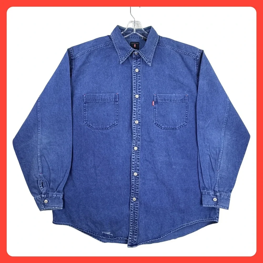 Levi's Red Tab Denim Shirt Men LARGE Blue Cotton Metal Buttons Heavy Vintage 90s